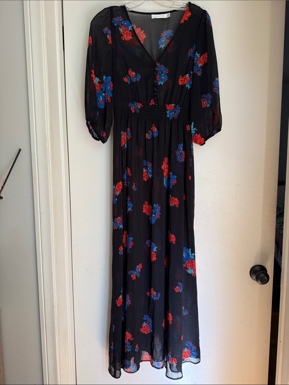 MINKPINK Black Maxi Dress with Red & Blue Floral Print